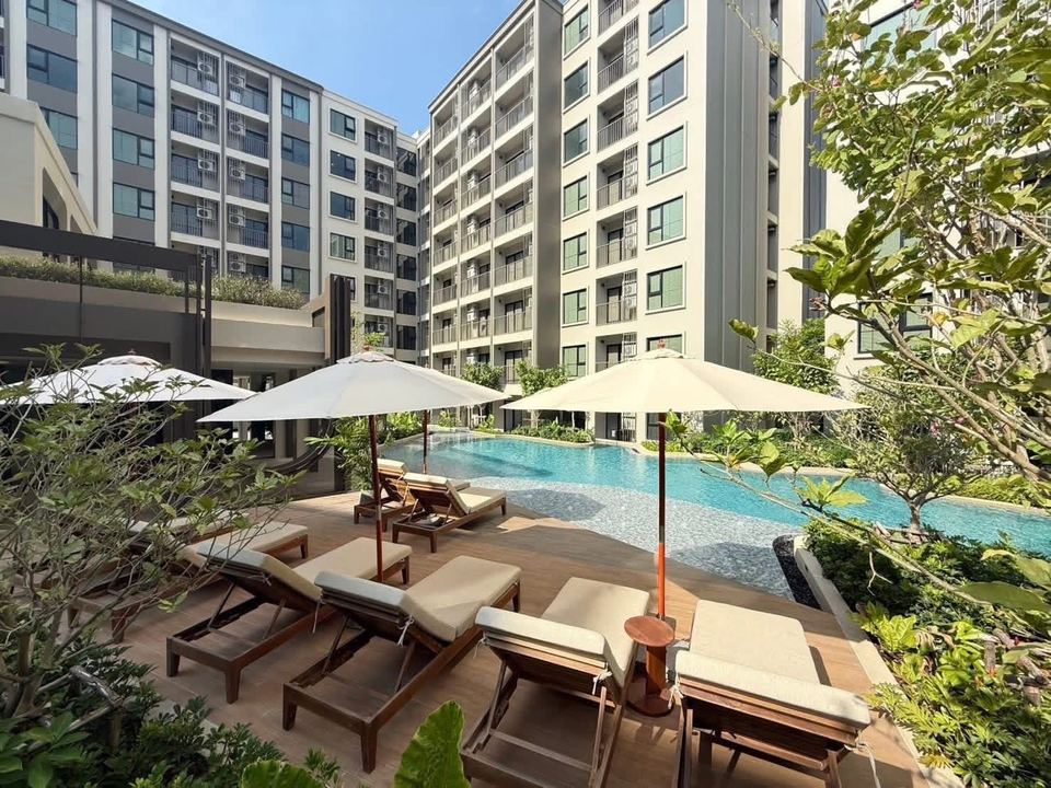 Swimming pool deck with sun loungers at The Origin Kathu-Patong